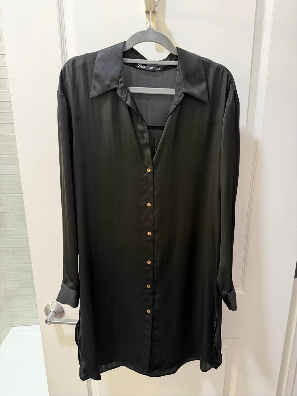 Zara Black Satin Longline Button-Down Shirt Dress